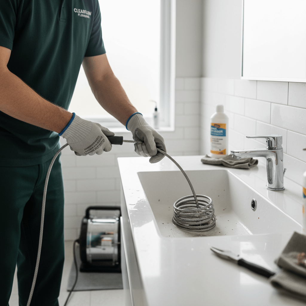 Rohrreiniger nutzt Werkzeug, um verstopften Abfluss reinigen und Gerüche stoppen