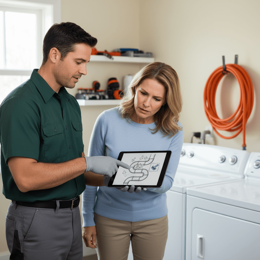 Fachmann erklärt Kundin das Vorgehen bei professioneller Rohrreinigung