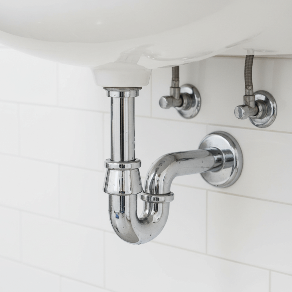 Nahaufnahme eines sauberen Siphons nach gründlicher Rohrreinigung im Bad